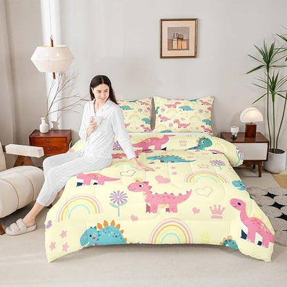 Castle Fairy Kawaii Dino Kids Comforter Set Twin Size,Cute Rainbow Floral Love Heart Reversible Bedding Set for Teens Bedroom,Pink Yellow Dinosaur Lovely Animal Quilted Duvet with 1 Pillowcase