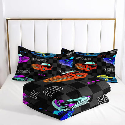 AILONEN Kids Cartoon Car Comforter Set, Full Size, Colorful Bedding Set for Kids Boys, Cool Speed Race Car Bed in a Bag, 3 Pcs, 1 Quilt and 2 Pillowcases, Soft Microfiber