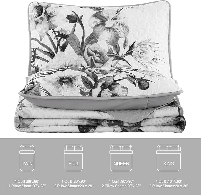 Floral Quilt Set California King 3 Pieces Grey Floral Quilt Coverlet Set Soft Microfiber Lightweight Purple Quilted Bedspread for All Season 106"x96"