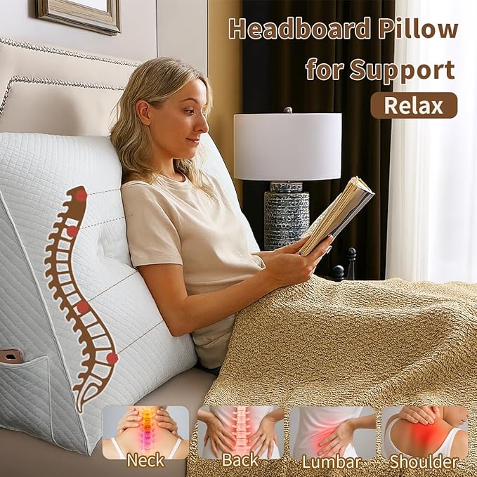 Wedge Headboard Pillow for Bed, Queen Dorm Headboard Pillow Support for Sitting Up, Reading, Relaxing, Bolster Pillow with Removable Washable Cover, White