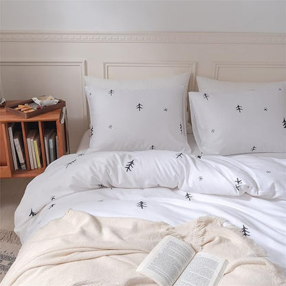 BuLuTu Kids Duvet Cover Twin Cotton White/Grey,Premium Boys Girls Bedding Sets Twin,Single Bed Comforter Cover Zipper Closure,Forest Tree Print Pattern,Super Soft,Breathable,No Comforter