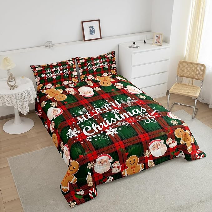 Erosebridal Christmas Comforter Set King,Merry Christmas Bedding Set for Kids Teens Youth,Cute Snowman Santa Claus Duvet Insert,Red Green Grid Lattice Quilt Comforter with 2 Pillow Shams Soft