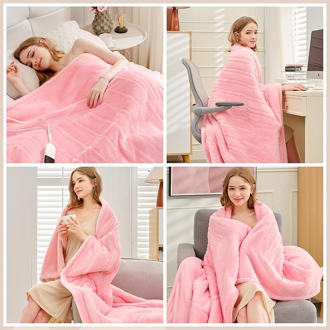Premium Heated Blanket King 90"×100",Ultra Cosy Soft Electric Blanket with 8 Heating Levels,Dual Control Plush Fast Heating Faux Rabbit Fur for Bed - Auto Shut Off,Machine Washable(Pink)