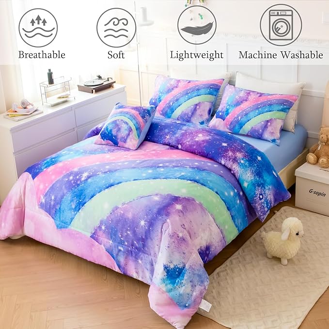ANGIYUIN Rainbow Full Size Bedding Comforter Set for Girls Gradient Glitter Comforter Set 3D Tie Dye Blue Bedding Sets 6Pcs Soft Lightweight Girl Bed in A Bag for All Season