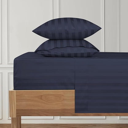 URBANHUT 1000 Thread Count Damask Striped King Sheet Set Egyptian Cotton Sheets, Long Staple Soft & Breathable, 4 Pcs Bed Sheet Sets, Luxury Hotel Sateen Sheets Fits 16" Deep Pocket - Navy Blue