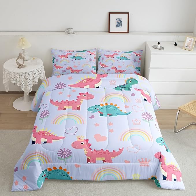 Castle Fairy Kawaii Dino Kids Comforter Set Twin Size,Cute Rainbow Floral Love Heart Reversible Bedding Sets for Teens Bedroom Decor,Blue Pink Dinosaur Lovely Animal Quilted Duvet,1 Pillowcase