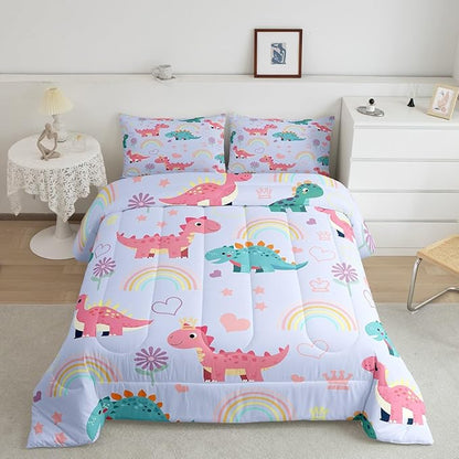 Castle Fairy Kawaii Dino Kids Comforter Set Twin Size,Cute Rainbow Floral Love Heart Reversible Bedding Sets for Teens Bedroom Decor,Blue Pink Dinosaur Lovely Animal Quilted Duvet,1 Pillowcase
