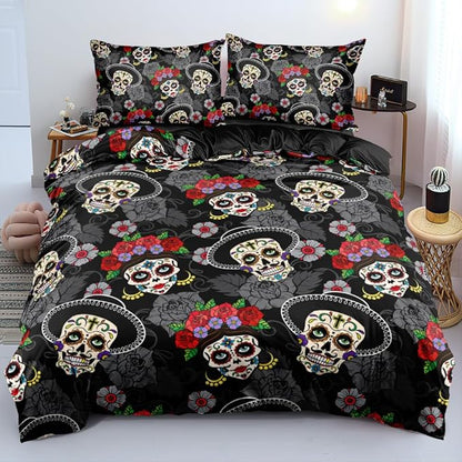 3D Print Halloween Skull Bedding Set Queen,Halloween Duvet Cover and 2 Halloween Pillowcase Fashion Bed Set for Festival Decor
