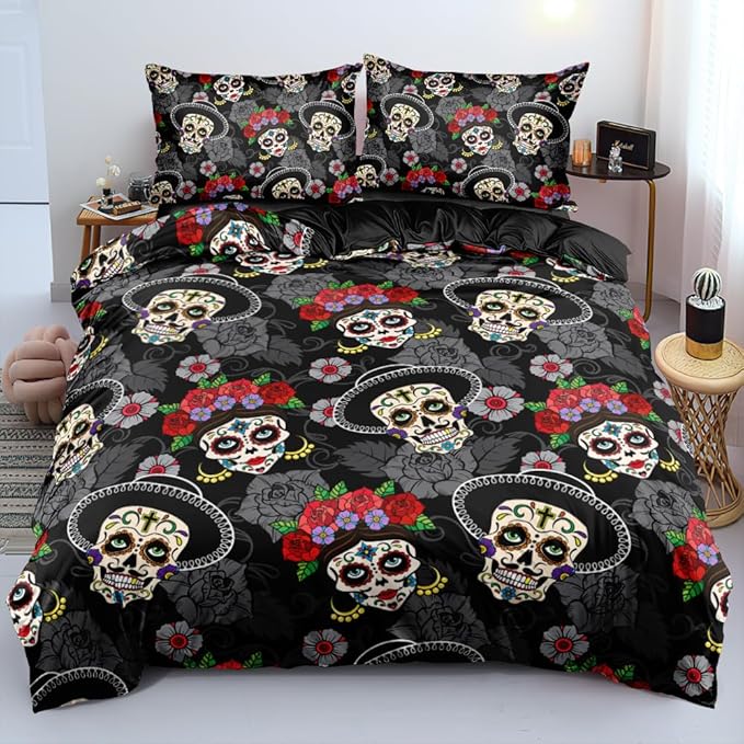 3D Print Halloween Skull Bedding Set Full,Halloween Duvet Cover and 2 Halloween Pillowcase Fashion Bed Set for Festival Decor