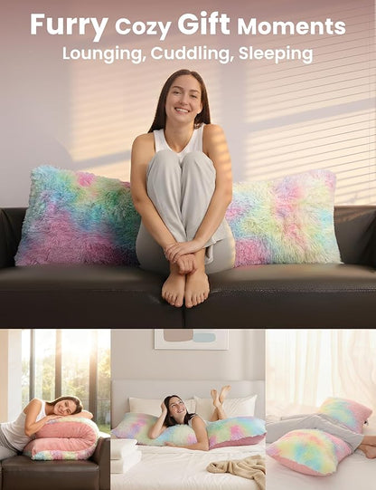 ZonLi Fluffy Faux Fur Rainbow Body Pillow,Adjustable Memory Foam Fill with Washable Cover，20x54 Long Pillow for Adults Girls & Kids, Side Sleep Body Pillow