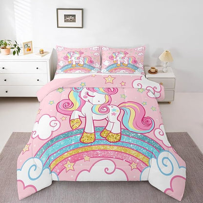 Feelyou Unicorn Bedding Twin,Star Print Rainbow Kids Comforter Sets for Girls Comforter Set,Cute Animal Bedding Cute Unicorn Duvet Quilt,Rainbow Bedroom Decor