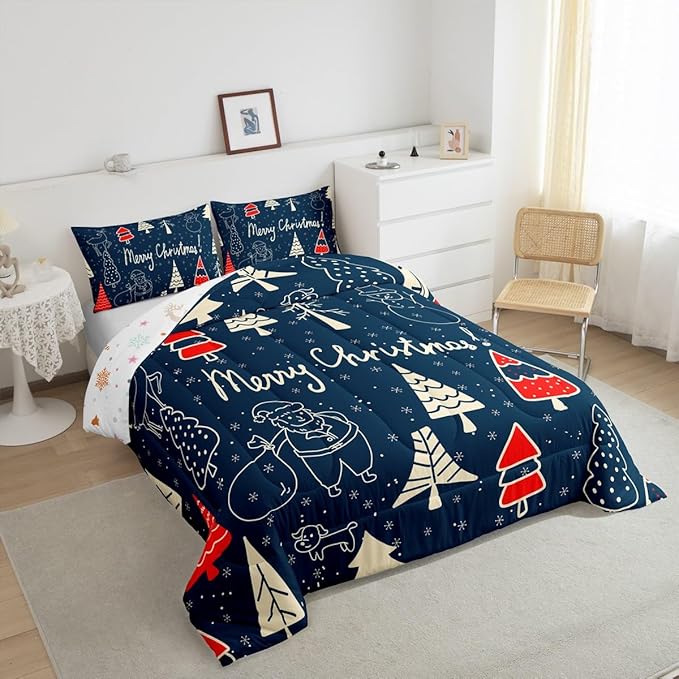 Erosebridal Cartoon Snowman Deer Comforter Set for Kids Boys Girls,Xmas Pine Tree Bedding,Merry Christmas Comforter Sets,Winter Festivals Duvet Insert with 2 Pillowcases Lightweight,Queen