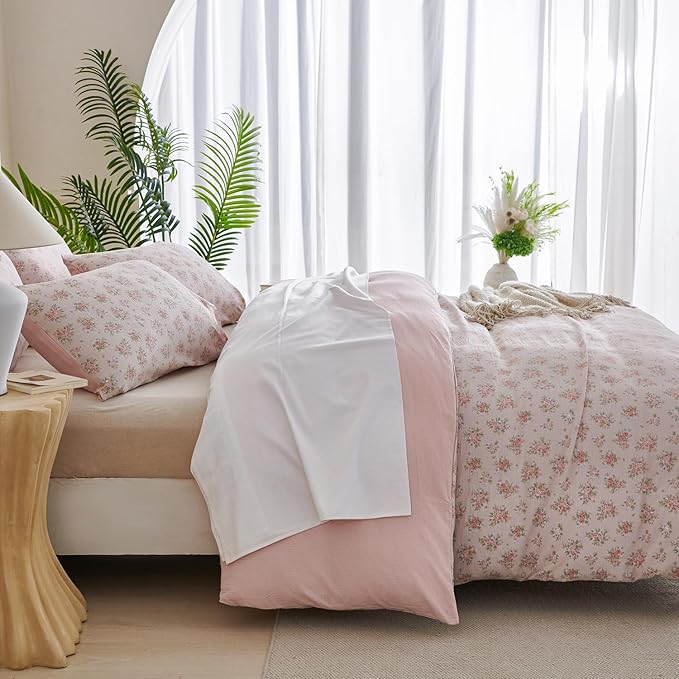 Duvet Cover Set Queen Size Floral Luxury Soft Brushed Microfiber Crinkle Gauze Fabric 3 Pieces Bedding Set Flower Pattern Queen Duvet Cover with Zipper Closure Breathable Comfy
