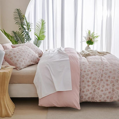 Duvet Cover Set Queen Size Floral Luxury Soft Brushed Microfiber Crinkle Gauze Fabric 3 Pieces Bedding Set Flower Pattern Queen Duvet Cover with Zipper Closure Breathable Comfy
