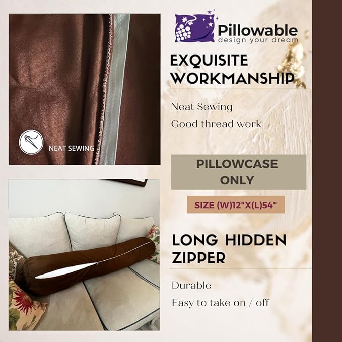 Case ONLY - Brown 54x12 inches Round Body Pillowcase - Cover Only - Zipper Pillowcase - 100% Brushed Microfiber - Bolster Pillow Cover - Fits Only Pillowable Round Body Pillow