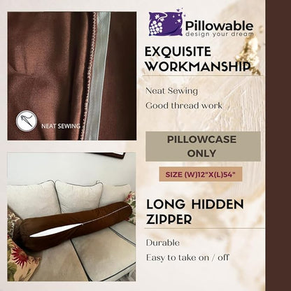 Case ONLY - Brown 54x12 inches Round Body Pillowcase - Cover Only - Zipper Pillowcase - 100% Brushed Microfiber - Bolster Pillow Cover - Fits Only Pillowable Round Body Pillow