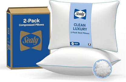 SEALY Clean Luxury Slumber Pillow, Odor Inhibiting, Cotton Cover Machine Washable, King, White, 2 Pack 