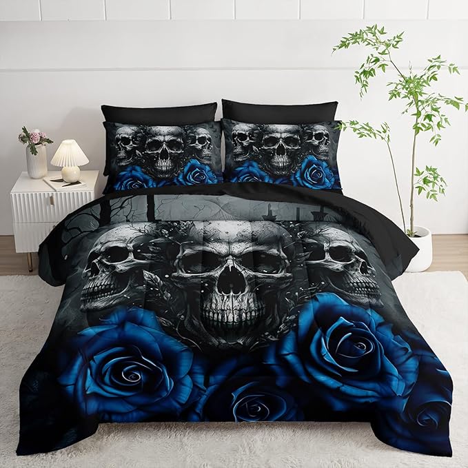 Black Skull Comforter Set 7 Piece King Size Bed in A Bag,Goth Bedding for Room Decor,Soft Western Comforter Boho Hippie Bedding with Fitted Sheet,Flat Sheet, Pillowcases & Shams