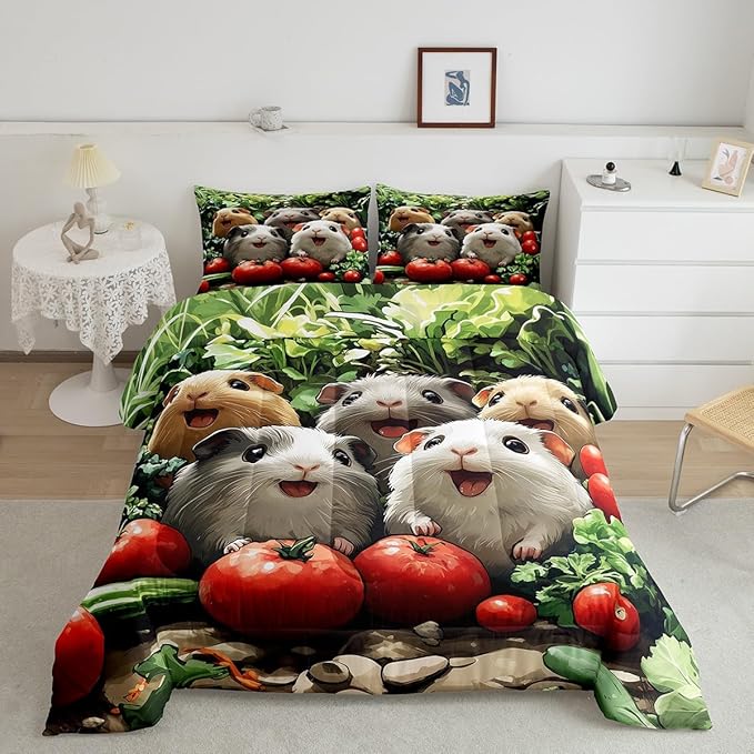 Funny Guinea Pig Bedding Set Full Size Cute Jungle Animal Comforter Set for Kids Teens Room Decor 3D Fresh Vegetables Duvet Insert Nature Green Botanical Down Comforter Set,3Pcs