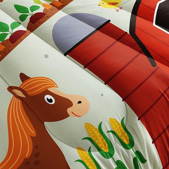 Kids Comforter Set Farm Theme Printed Pattern Bedding Set with 1 Comforter and 2 Pillowcases for Girls Boys Bedroom All Season(Farm Theme02 Queen)