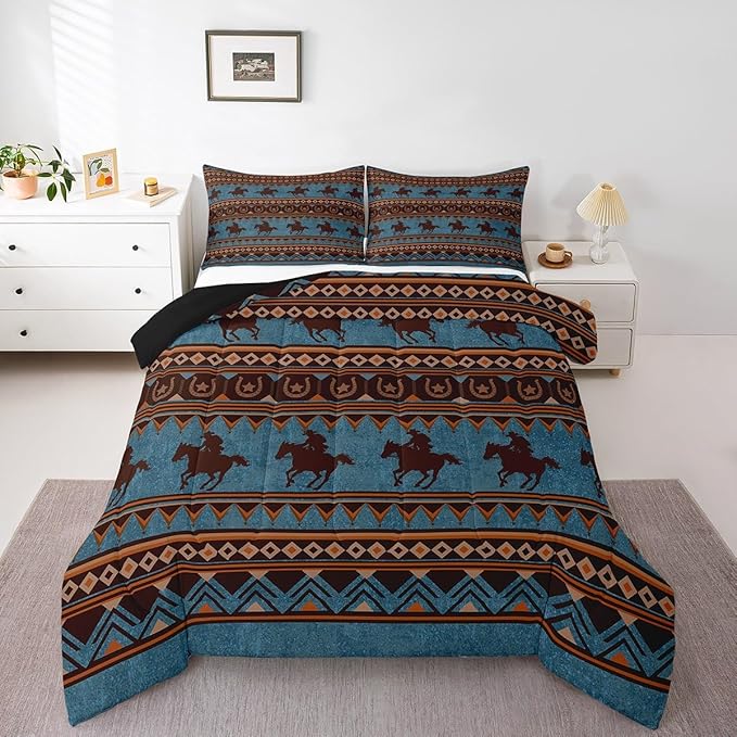 Feelyou Western Decor Comforter Set King Size Southwestern Native Aztec Comforter Horse Bedding Set Retro Exotic Boho Duvet Set Room Decor Dark Blue Quilt Set