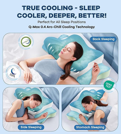 Cervical Pillow for Neck Pain Relief, Cooling Ergonomic Memory Foam Pillow with Ice Silk Pillowcase, Dual-Height Orthopedic Contour Support Pillow for Side,Back,Stomach Sleepers, CertiPUR-US Certified
