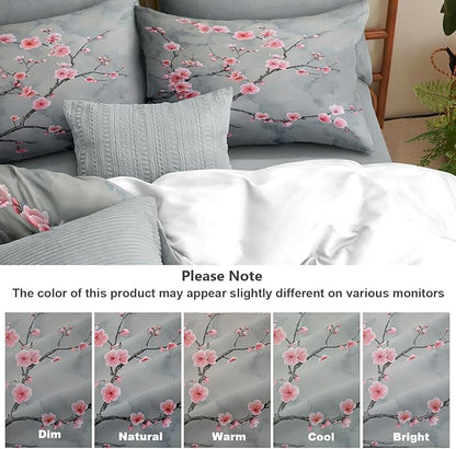 Grey Pink Cherry Blossom Duvet Cover Queen Size Japanese Cherry Blossoms Duvet Cover Set Vintage Floral Bedding Set Soft Microfiber Comforter Cover(2 Pillowcases, No Comforter)