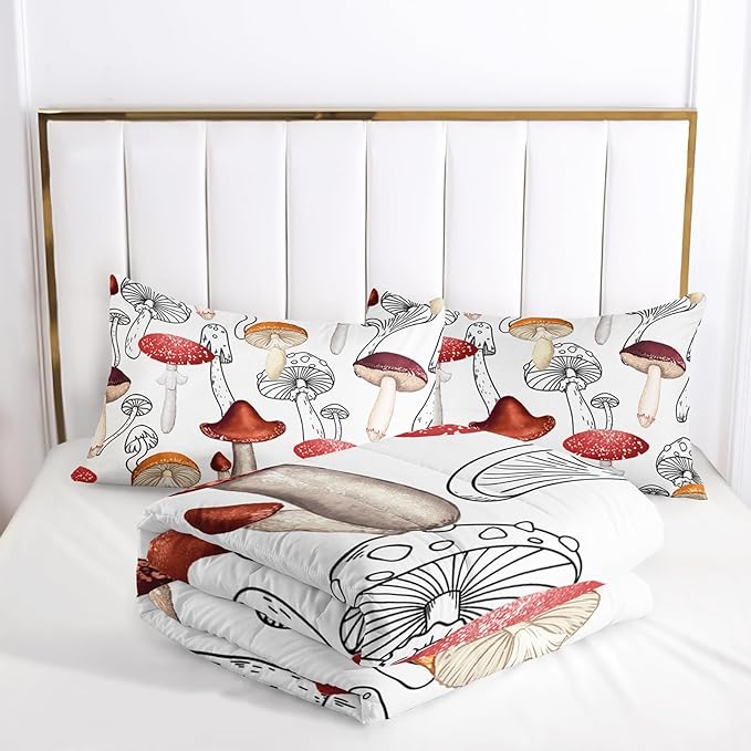 Mushroom Bedding Set for Girls Boys Queen Size, Botancial Fungus Comforter, Cute Mushroom Plants Quilt with 2 Pillowcases for Room Decor