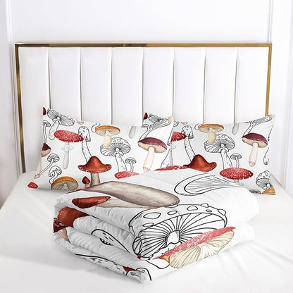 Mushroom Bedding Set for Girls Boys Queen Size, Botancial Fungus Comforter, Cute Mushroom Plants Quilt with 2 Pillowcases for Room Decor