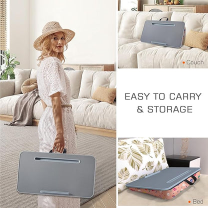 Lap Desk | Portable Laptop Desk – Fits Up to 17.3" Laptops – Detachable & Washable Cushion, Phone Holder, Device Ledge – for Writing, Working, Reading on Bed, Couch, Sofa, Floor – Millhome -Peach Pink