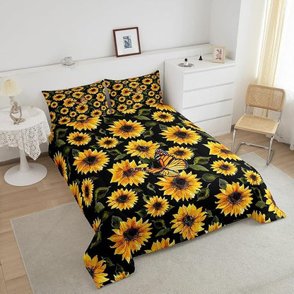 Feelyou Sunflower Bedding Set Girls Yellow Floral Butterfly Comforter Chic Flowers Pattern Comforter Set for Kids Teens Botanical Nature Duvet Set Ultra Soft Room Decor Full Size…