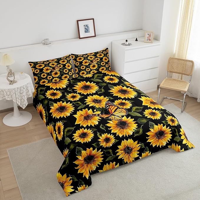 Feelyou Sunflower Bedding Set Girls Yellow Floral Butterfly Comforter Chic Flowers Pattern Comforter Set for Kids Teens Botanical Nature Duvet Set Ultra Soft Room Decor Toddler Size…