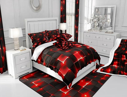 Castle Fairy Abstract Duvet Cover Queen Size,3D Modern Cool Geometric Grid Square Duvet Cover Set for Children Adult,Shiny Red Neon Light Black Soft Comforter Cover for Dorm Room, Zipper, Ties