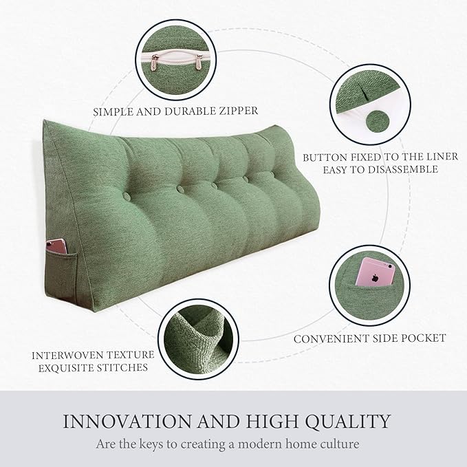 Headboard Pillow Wedge Twin Size Large Bolster Pillow for Daybed Triangle Back Support Reading Pillow for Sitting Up in Bed XXL Couch Rest Backrest Cushion Linen Sage Green