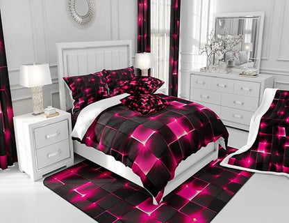 Castle Fairy Geometric Duvet Cover Set Full Size,3D Abstract Modern Square Grid Print Comforter Cover with 2 Pillowcases,Shiny Pink Neon Light Black Breathable Bedspread for Boys Teens