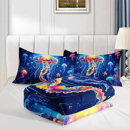 Fantasy Jellyfish Comforter Queen Bedding Sets for Girls Kids Toddlers,Coral Starfish Ocean Theme Bedroom Decor,Blue Underwater World Bedding Sets with 2 Pillowcases.