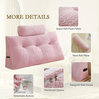 YOUR MOON Wedge Headboard Pillow Twin with 1 Pack Neck Roll Pillow, Triangular Wedge Backrest Pillows Headboard for Bed,Daybed,and Lounging, Large Bed Bolster Pillows,Pink