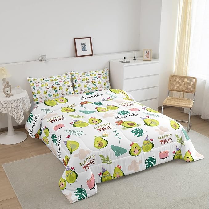 Feelyou Avocado Comforter Set for Kids Boys Girls Green Yellow Avocado Kawaii Cute Bedding Set Queen Size Tropical Leaves Decor Lovely Fruit Soft All Seasons Quilt 2 Pillowcases Boys