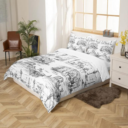 Southwest Cowboy Duvet Cover Set Full Size Western Desert Bedding Set 3Pcs Black White Farmhouse Comforter Cover for Boys Men Girls Adult Room Decor Wild Horse Cactus Quilt Cover,2 Pillowcase