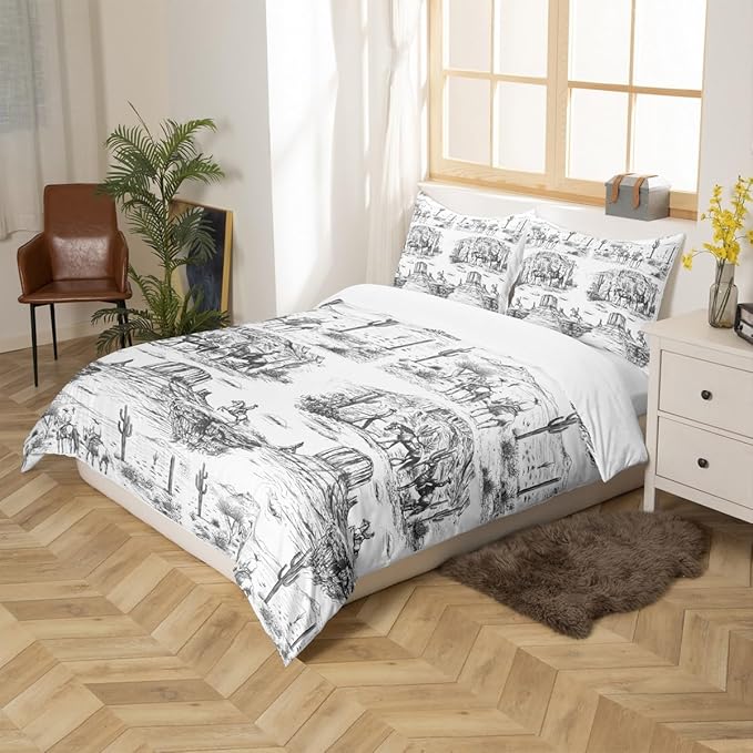 Southwest Cowboy Duvet Cover Set Twin Size Western Desert Bedding Set 2Pcs Black White Farmhouse Comforter Cover for Boys Men Girls Adult Room Decor Wild Horse Cactus Quilt Cover,1 Pillowcase