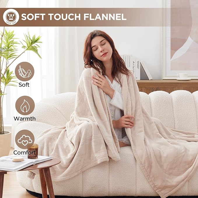 Westinghouse Heated Blanket Throw, Electric With 6 Heating Levels, 2-10 Hours Time Settings, Overheat Protection, Machine Washable, Flannel (50x60 Inches, Beige)