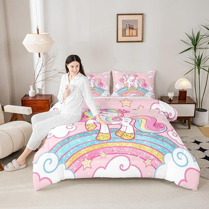 Feelyou Unicorn Bedding Full,Star Print Rainbow Kids Comforter Sets for Girls Comforter Set,Cute Animal Bedding Cute Unicorn Duvet Quilt,Rainbow Bedroom Decor