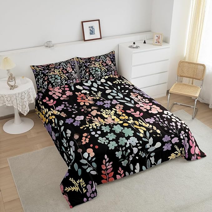 Erosebridal Colorful Floral Twin Bedding Set for Girls Boys Kids,Cute Boho Flower Comforter Set Rustic Home Decor,Funky Watercolor Wildflower Quilt Bed Set Bohemian Flowers Bed Comforter Set 2Pcs