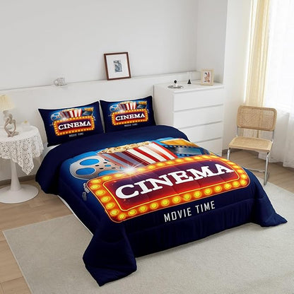 Castle Fairy Movie Theater Comforter Set,Vintage Cinema Ticket Bedding Set for Kids Girls Women,Adults Popcorn Comforter,Filmstrip Quilted Duvet Set Bedroom Collection Twin Size 2Pcs