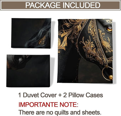 Black Horse Duvet Cover Full Size, Ancient Warhorses Bedding Set 3 Piece Bedroom Decor Retro Golden Pattern Comforter Cover and 2 Pillow Sham with Zipper Closure