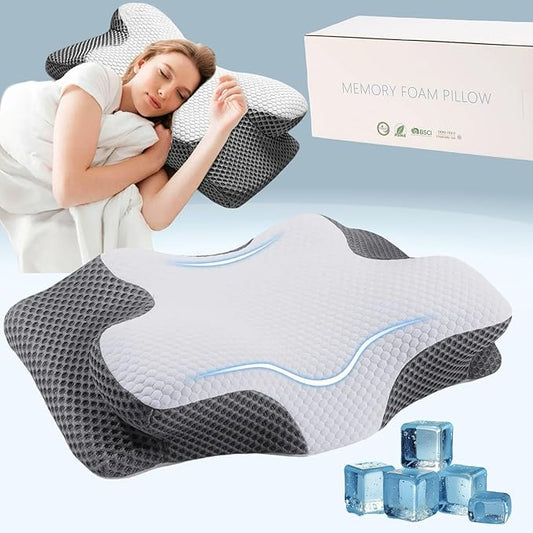 Ultra Pain Relief Cervical Neck Pillow for Side Sleepers, Ergonomic Cooling Memory Foam Pillows for Neck Pain Relief, Butterfly Pillow for Shoulder & Back, Removable & Washable Cover, Standard Size
