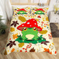 Castle Fairy Cartoon Mushroom Frog Duvet Cover Set King Size,Cute Kawaii Green Animal Comforter with 2 Pillowcases,Autumn Maple Leaves Hazelnut Plant Modern Bedding for Adult Couple Room Decor, 3pcs
