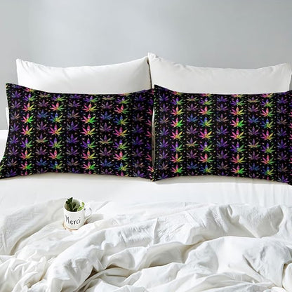 Shiny Cannabis Leaves Duvet Cover Set King Size,Colorful Marijuana Leaves Comforter Cover with 2 Pillowcases,Boho Botanical Rainbow Modern Bedding Set for Adult Young Bedroom Xmas Gift