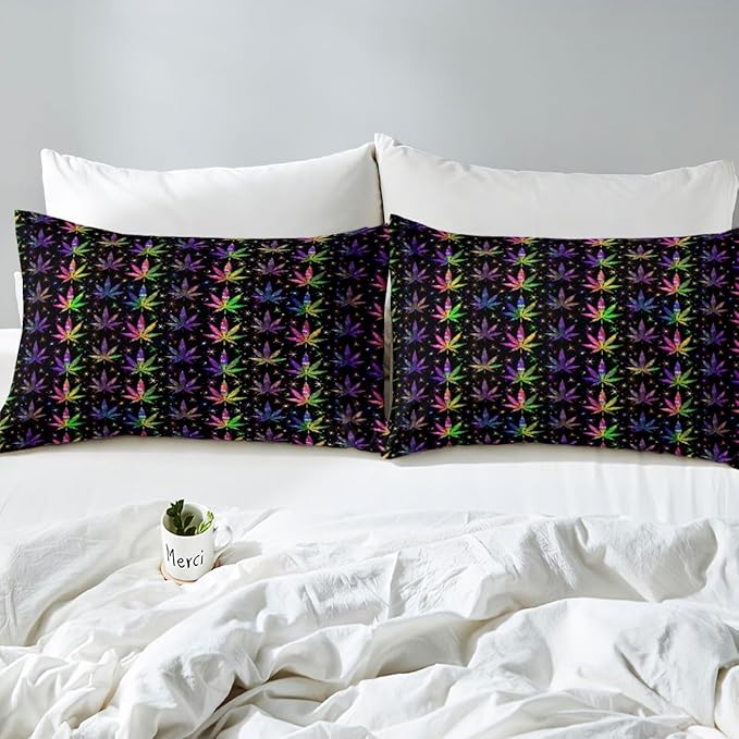 Shiny Cannabis Leaves Bedding Set Queen Size,Colorful Marijuana Leaves Duvet Cover Set for Children Xmas Bedroom Present, Boho Botanical Rainbow Microfiber Comforter Cover with 2 Pillowcases, Soft