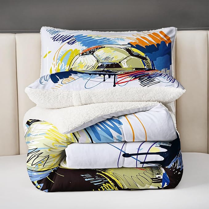 QOOMO Boys Sports Bedding - Twin Size Sherpa Fleece Comforter Set with 1 Comforter 2 Pillowcases - Football Graffiti Style